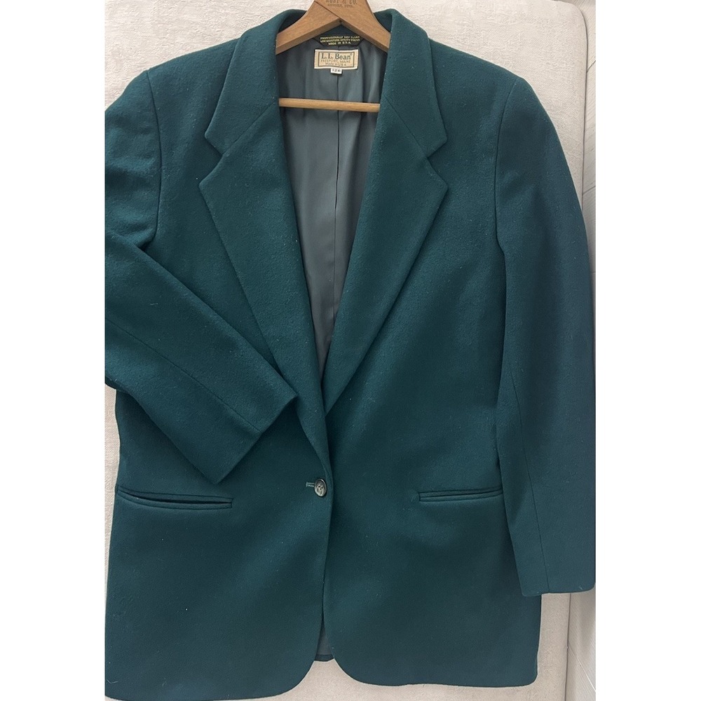 VTG 80s LL Bean Green Wool Cashmere Single Button Women's Blazer 12 Teal Emerald